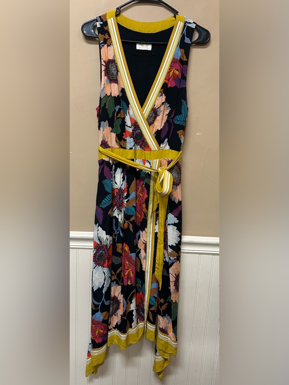 Maeve Black Floral Wrap Dress with Mustard Trim
